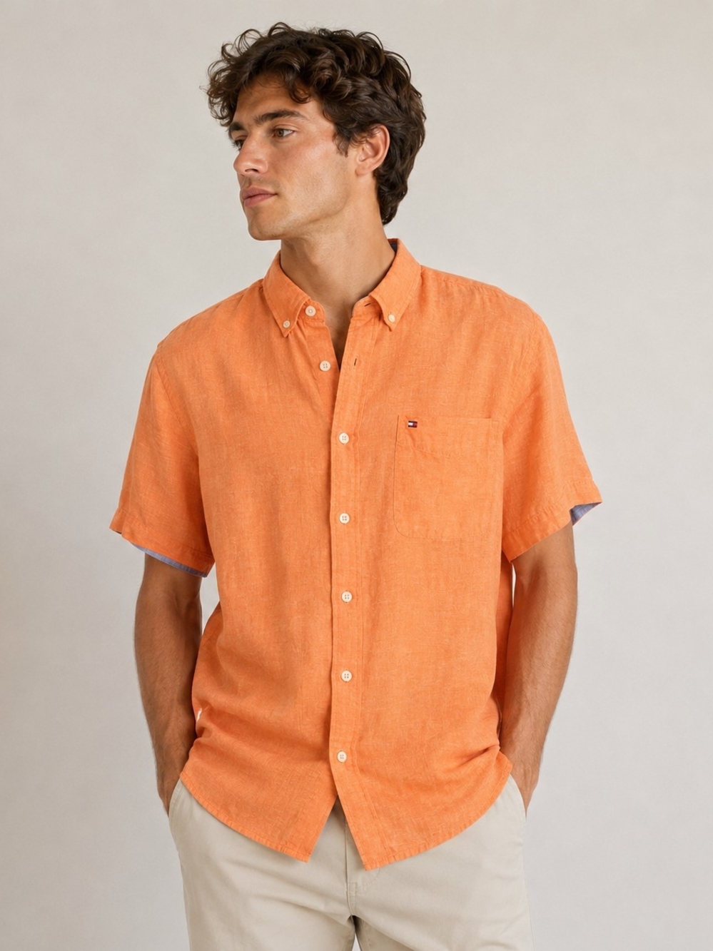 Tommy Hilfiger Orange Linen Short-Sleeve Button-Down Shirt Mens M Preppy Classic